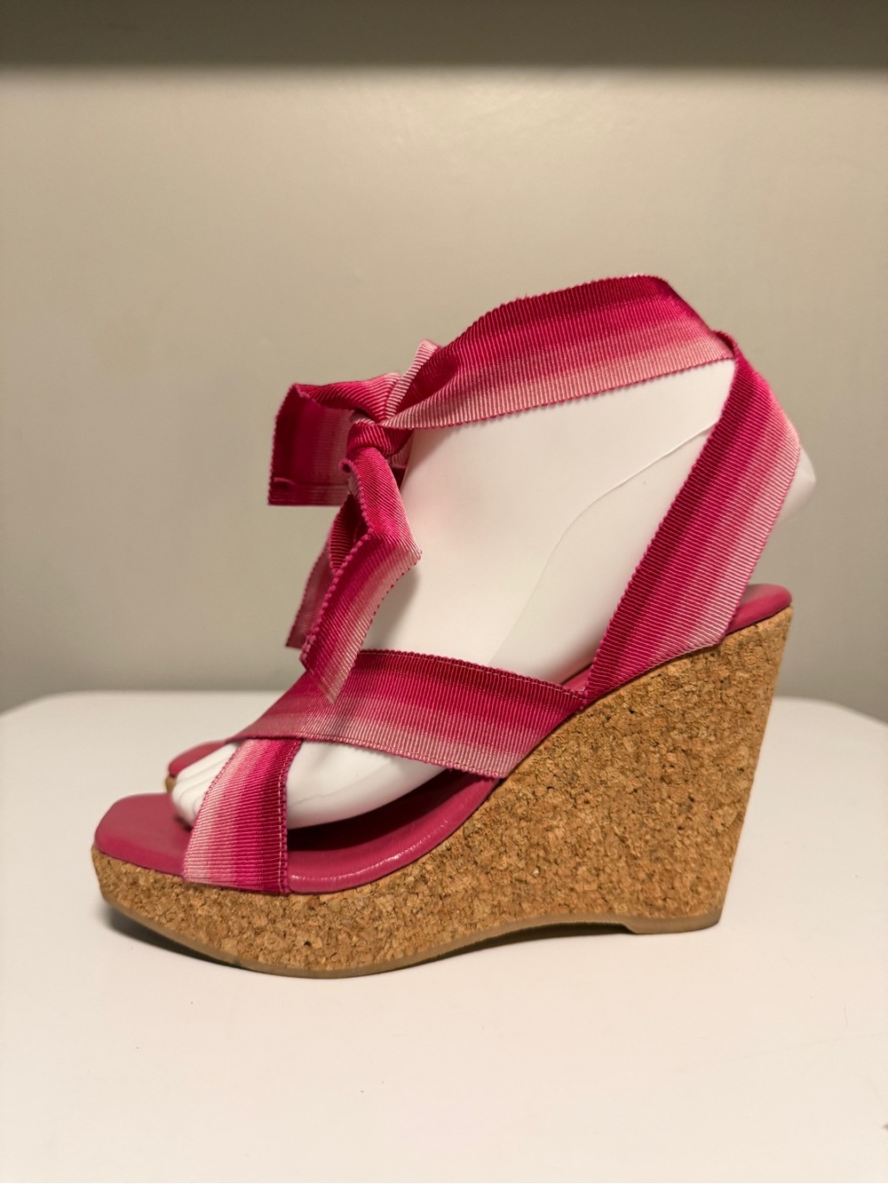CAREL Paris Pink Grosgrain Ribbon Cork Wedge Sandals Platform Women’s EU 36 US 5